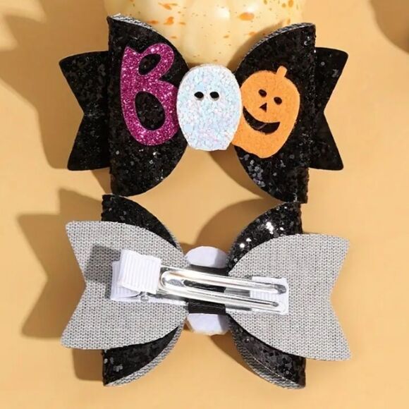 Halloween Black BOO Hair Clip Bows - Picture 3 of 5